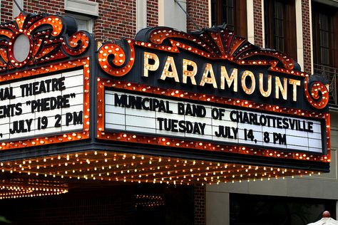 Charlottesville's Paramount Theater Marquee by BrianEden, via Flickr Cinema Sign Vintage, Old Fashion Movie Theater, Movie Design Ideas, Theater Signage, Cinema Marquee, Movie Marquee Sign, Marquee Theater, Theatre Marquee, Theater Marquee