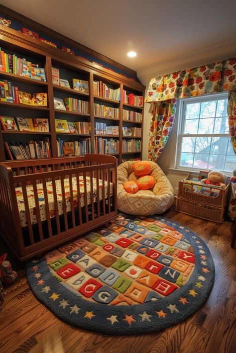 29 Nursery Room Ideas for a Boy: Unique and Adorable Designs 20 Nursery Seating Ideas, Book Inspired Nursery, Library Nursery Theme, Book Themed Nursery Ideas, Book Nursery Theme, Black Bathroom Floor Tile, Gray Bathroom Floor Tile, Book Theme Nursery, Gray Bathroom Floor