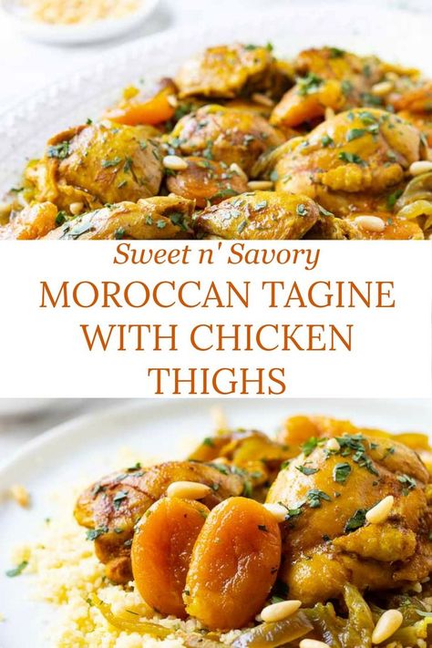 Sweet & Savory Moroccan Chicken Tagine Recipe! Tender and juicy boneless chicken thighs braised in a fragrant sauce flavored with orange and apricot is easy enough for a weeknight and fancy enough for a festive meal! #chickenrecipes #chickenthighrecipes #stew #stewrecipes Instapot Moroccan Chicken, Chicken And Apricot Tagine, Moroccan Apricot Chicken, Chicken Tajin Recipes, Chicken Thigh Stew Recipes, Moroccan Chicken Thighs, Tangine Chicken Recipe, Morrocan Recipe, Tangine Chicken