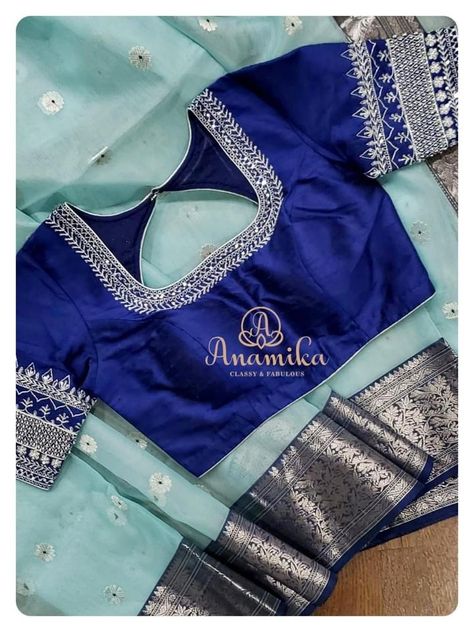 Blue Colour Blouse Designs, Silver Blouse Designs, Blue Work Blouse, Saree Jacket Designs, Maggam Designs, Maggam Blouses, Blue Blouse Designs, Silver Blouse, Cotton Blouse Design