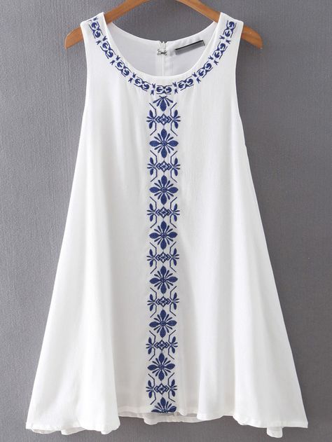 Shop White Sleeveless Embroidered Loose Dress online. SheIn offers White Sleeveless Embroidered Loose Dress & more to fit your fashionable needs. Kurti Embroidery Design, Stylish Short Dresses, Frocks For Girls, Stylish Dresses For Girls, Embroidery Blouse Designs, Stylish Dress Designs, Embroidery Fashion, Kurta Designs, White Sleeveless