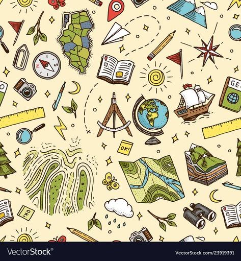 Geography symbols seamless pattern equipments vector image on VectorStock Logo #logo logos #logos vintage logo #vintagelogo vintage logos #vintagelogo vintage logo design #vintagelogodesign vintage logo ideas #vintagelogoideas 4.1106 Physical Geography Aesthetic, Geography Doodle Art, Geografi Aesthetic, Geography Bulletin Boards, Geography Aesthetic Wallpaper, Geography Doodles, Geography Background, Geography Tattoo, Geography Bulletin Board