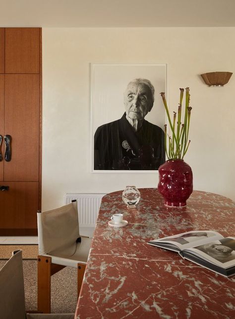 60s Apartment Renovation, 60s Interior Design, Tali Roth, Australia Interior, 60s House, 60s Interior, Mustard Yellow Walls, Mid Century Aesthetic, Steel Dining Table