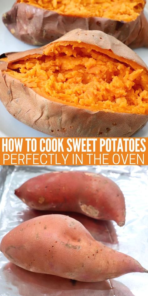 cooked sweet potato cut open on plate and uncooked sweet potatoes on foil lined baking sheet Microwave Sweet Potato How To, Baked Sweet Potato Microwave, Baked Sweet Potatoes In The Oven, How To Cook Sweet Potatoes, Sweet Potato In Oven, Microwave A Sweet Potato, Bake A Sweet Potato, Baked Sweet Potato Oven, Potato Microwave