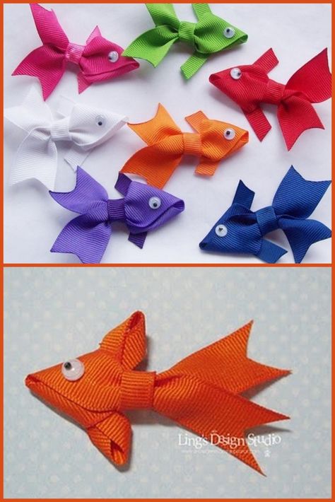 DIY Ribbon Fish. Inspiration: I spotted this photo (top) and used google image search to find out it was from Etsy here. Apparently the hair clip was only $2.50, so why make it? But alas, as in so many Etsy cases, it’s no longer for sale. But I loved... Things To Do With Ribbon, Ribbon Fish, Fish Inspiration, Fish Hair, Packaging Presentation, Ribbon Sculpture, Fish Ornaments, Ribbon Art, Blue Fish