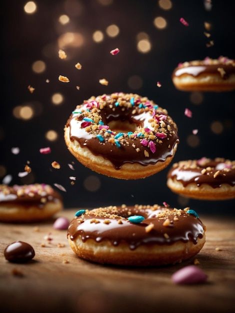 Photo delicious doughnuts floating in th... | Premium Photo #Freepik #photo Hot Cocoa Bar Wedding, Doughnuts Photography, Background Advertising, Photography Studio Lighting, Floating In The Air, Professional Photography Studio, Food Advertising, Hot Cocoa Bar, Studio Background