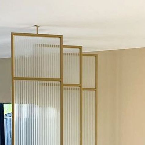 Ghega Interiors on Instagram: "Divide your space in style with our moveable privacy screens in gold & canale glass! Handcraft made in Belgium! 🇧🇪" Polycarbonate Room Divider, Acrylic Room Divider, Moveable Walls Room Dividers, Room Separator Ideas Wall Dividers, Room Divider Bathroom, Transformative Justice, Glass Room Dividers, Glass Privacy Screen, Coworking Design