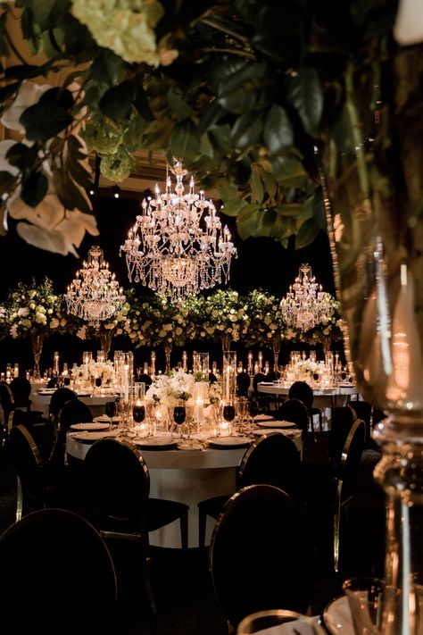 Wedding Decor Chandelier, Table Sets For Wedding, Black Chandelier Wedding Decor, Hotel Venue Wedding, Dark Luxe Wedding, Chandelier With Candles, Black Dancefloor Wedding, Wedding Florals Black And White, Wedding With Chandeliers