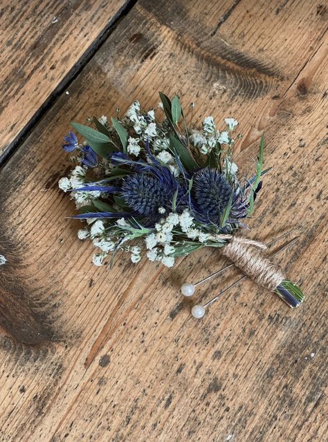 Thistle Buttonhole, Thistle Wedding Flowers, Thistle Bouquet Wedding, Planning 2025, Thistle Boutonniere, Thistle Bouquet, Dried Gypsophila, Thistle Wedding, Buttonhole Flowers