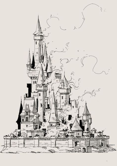 Sketch Castle, Castle Sketch, Harry Potter Art Drawings, Castle Drawing, Building Sketch, Daily Sketch, In Flames, Architecture Drawing Art, Fantasy City