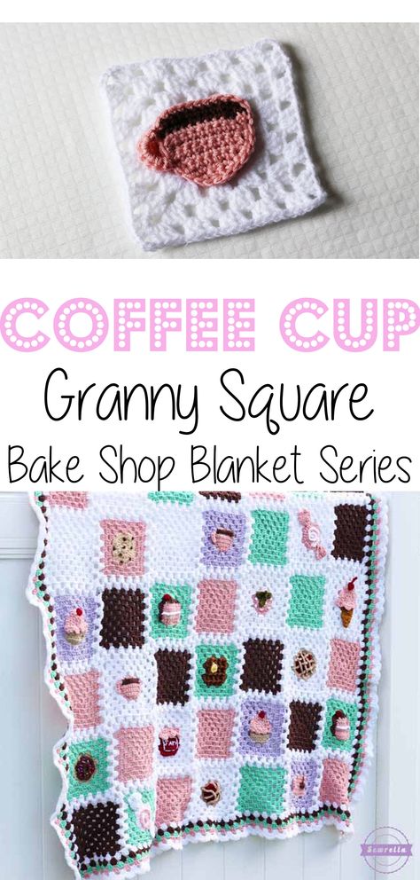 Crochet Coffee Cup Granny Square: Bake Shop Blanket Series | Free Pattern from Sewrella Frock Pattern, Crochet Cupcake, Crochet Strawberry, Baby Frock, Crochet Blocks, Crochet Food, Manta Crochet, Haken Baby, Granny Square Blanket