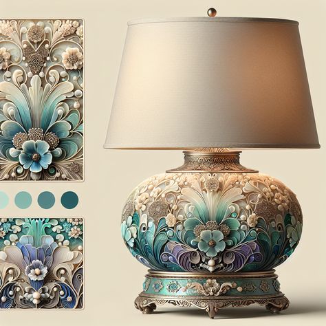 Introducing an exquisite resin art lamp, perfect for middle-aged females with an eye for elegance. This soothing blend of blues, purples & greens swirls into a floral pattern, contrasted by an intricate vintage-style base. Topped with a neutral lampshade. #ResinArt #VintageLamp #FloralDesign #ElegantHomeDecor #ResinLamp #MiddleAgedFemaleDecor Neutral Lampshade, Resin Light, Floral Resin, Art Lamp, Elegant Home Decor, Resin Table, Vintage Lamps, An Eye, Light Fixture