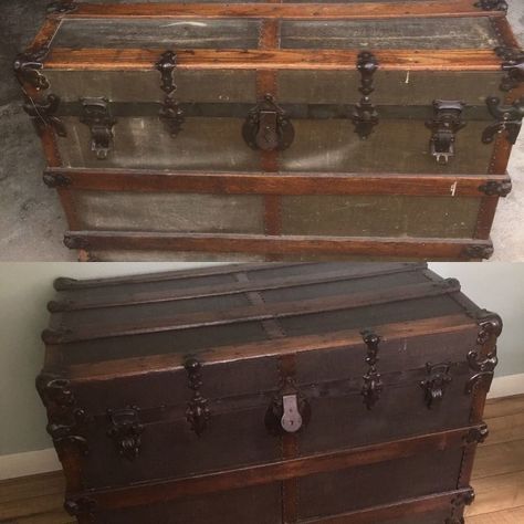 great grandma s steamer trunk Steamer Trunk Makeover, Trunk Redo, Antique Trunk Restoration, Steam Trunk, Vintage Office Desk, Trunk Makeover, Vintage Steamer Trunk, Antique Steamer Trunk, Vintage Lampshades