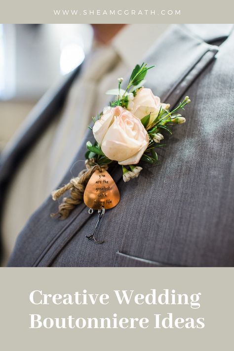 Fish hook boutonniere, fishing wedding ideas #coloradoweddingphotographer #sheamcgrathphotography #fishhookboutonniere #boutoniniereideas #fishingwedding #fishingthemedwedding Fishing Boutonniere Wedding Ideas, Fishing Wedding Boutonniere, Fishing Themed Boutonniere, Fishing Boutineer Ideas, Fish Hook Boutonniere, Fish Themed Wedding, Wedding Fishing Theme, Fishing Wedding Ideas, Fishing Lure Boutonniere