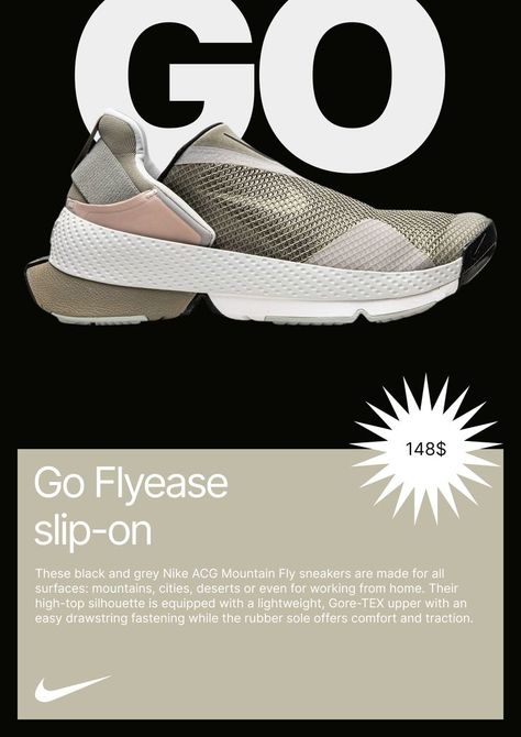 Design-concept by Nikita Yudaev for nike boots Go Flyease slip-on Poster Nike, Nike Boots, Fashion Layout, Contents Design, Nike Acg, Grey Nikes, Vans Classic Slip On Sneaker, Concept Design, Slip On Sneaker