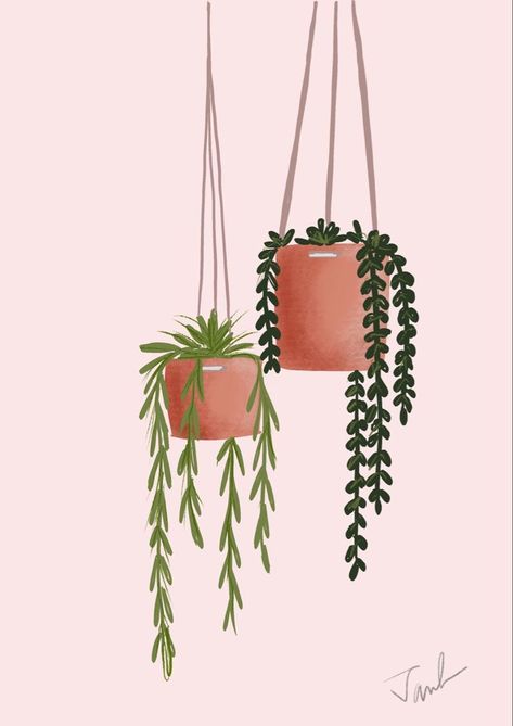 Potted Plants Painting Acrylic, Hanging Plants Illustration, Aesthetic Plant Painting, Hanging Plant Painting, Hanging Plant Illustration, Hanging Plant Drawing, Hanging Plant Decor, Diy Macrame Projects, Plants Illustration