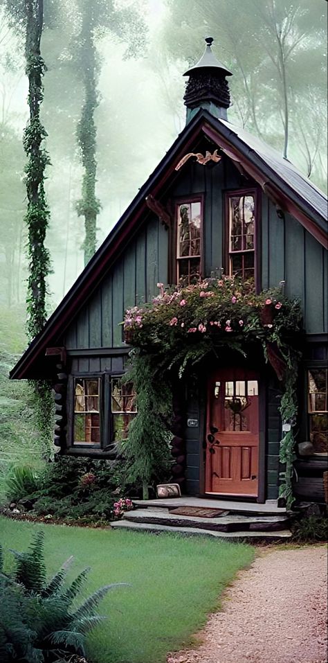 Dark Cottagecore Exterior, Cottagecore Home Exterior, Cottagecore Exterior, Cottagecore House Exterior, Exterior Updates, Cottagecore House, Facade Ideas, Funky House, Woodland Cottage