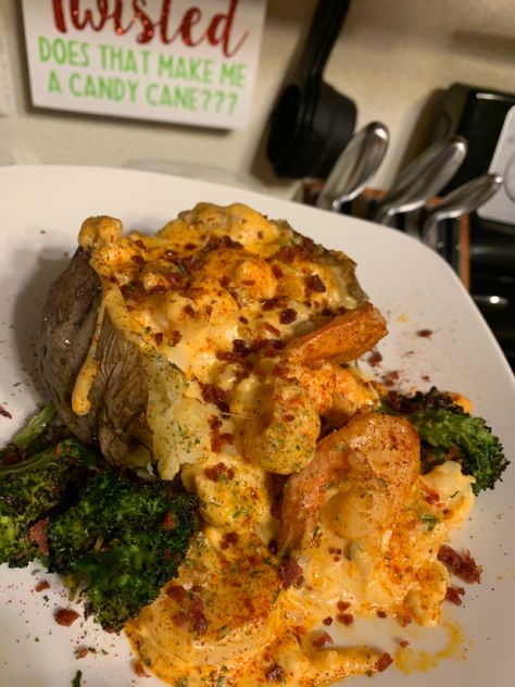 Seafood Potatoes Stuffed, Surf And Turf Baked Potato, Seafood Stuffed Baked Potatoes, Seafood Loaded Baked Potato, Seafood Baked Potato Recipes, Seafood Stuffed Potatoes, Cajun Baked Potato, Fish And Potato Recipes, Baked Potato Recipes Stuffed