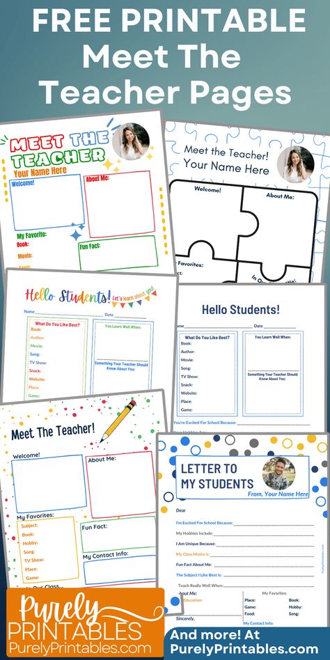 Free Meet The Teacher Printables And Editable Templates - Purely Printables- Free Printables Website Parents Teacher Meeting Quotes, Meet The Teacher Template Editable Free, Free Meet The Teacher Template, Meet The Student, School Introduction, Teacher Introduction, Teacher Printables, Parent Teacher Meeting, Toddler Teacher