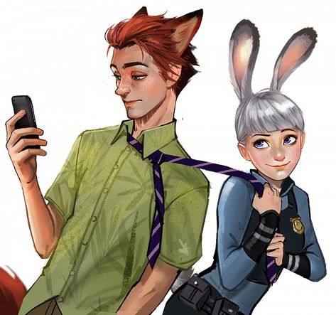 Nick Wilde & Judy Hopps~Zootopia Zootopia Anime, Nick Judy, Disney Characters As Humans, Cartoon Characters As Humans, Zootopia Art, Human Version, Nick And Judy, Nick Wilde, Anime Vs Cartoon