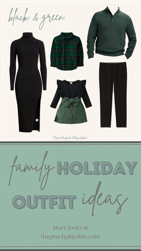 Family photo outfit ideas on the blog. Check out this look and three others; neutrals, white and black & green themed. Head to the blog for links! Black And Green Family Photo Outfits, Green Fall Family Photo Outfits, Green Family Outfits, Emerald Green Christmas Family Photos, Olive Green Family Picture Outfits, Family Photo Outfits Green, Holiday Card Outfits, Outfit Ideas Holiday, Winter Outfit Ideas For Women