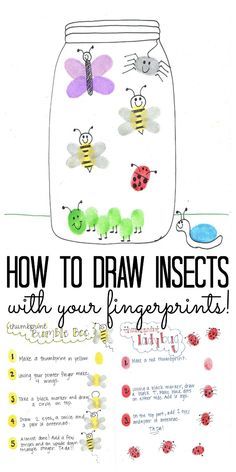 Learn how to draw insects with your fingerprints and these simple instructions!  Includes free printable jar and sheets for your toddlers and pre-schoolers to follow! Finger Print Bugs Art, Thumbprint Bugs Fingerprint Art, Fingerprint Bugs In A Jar, Ladybug Fingerprint Art, Bug Fingerprints, Grasshopper Art Preschool, Fingerprint Activities For Kids, Fingerprint Insects, Finger Print Bugs