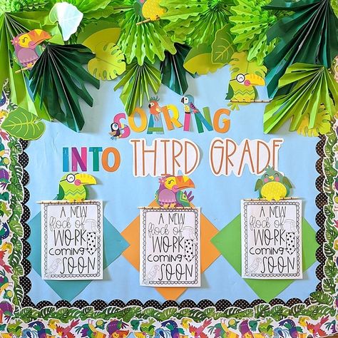 Tropical Back to School Bulletin Board | Fun365 Classroom Diys, Leaves Bulletin Board, Highschool Classroom, Plant Classroom, Rainforest Classroom, Pta Board, Tropical Classroom, Jungle Classroom, Plants Classroom