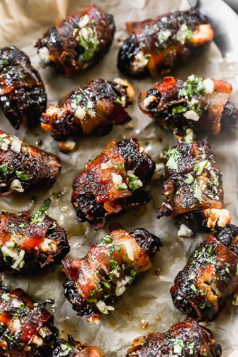 This Bacon Wrapped Dates recipe will become your new favorite appetizer! The crispy bacon, creamy goat cheese, and sweet homemade glaze compliment the date perfectly! They are quick to make and a total crowd pleaser! Bacon Wrapped Dates With Feta, Easy Shrimp Cocktail, Wrapped Dates, Bran Muffin Recipes, Pulled Pork Nachos, Stuffed Dates, Pork Nachos, Bacon Wrapped Dates, Tastes Better From Scratch