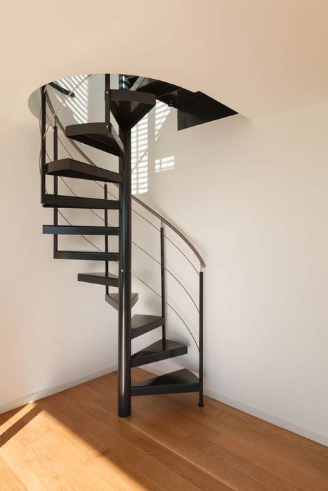 Check out these awesome custom diagrams showcasing the 25 different types of staircases you can use inside your home. Includes straight, quarter-turn, half-turn, switchback, winding, spiral, bifurcated and more. Staircase Ideas Small Space, Narrow Spiral Staircase, Small House With Stairs, Spiral Staircase Ideas Small Spaces, Staircase Types, Small Space Staircase, Spiral Stairs Design, Small Staircase, Spiral Staircases