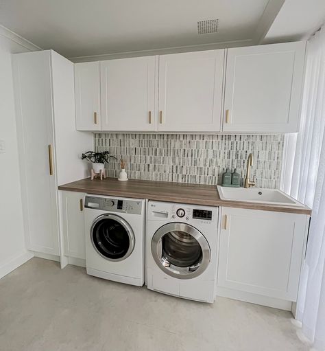 Laundry Renovation Ideas, Cabinets Laundry Room, Tiled Splashback, Laundry Bathroom Combo, Timber Benchtop, Laundry Renovation, Laundry Cupboard, Laundry Makeover, Cottagecore Kitchen