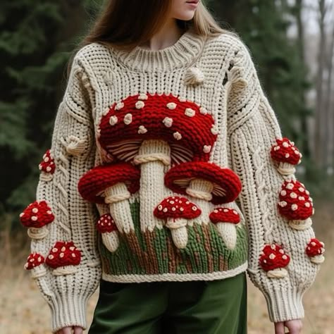 Explore • Instagram Crochet Mushroom Sweater, Mushroom Knitting Pattern, Mushroom Crochet Outfit, Mushroom Crochet Cardigan, Mushroom Pattern Knitting, Knit Mushroom Sweater Pattern, Halloween Parade Float, Halloween Parade, Cool Sweaters