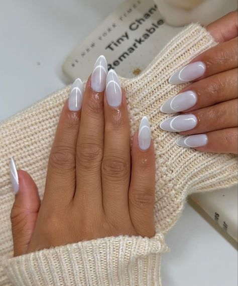 Milky White Almond Nail Ideas, Double White French Nails, Milky White Almond Nails With Design, Milky White Nails With Design French, Milky Nails With French Tip, Double French Almond Nails, Milky White French Tip Nails Almond, Milky White Nails With Design Almond, White Milky Nails Design