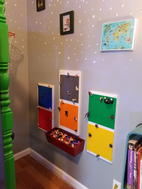 Lego Boards On Walls, Organized Playroom, Lego Plates, Lego Wall, Lego Boards, Wood Boards, Playroom Organization, Playroom Ideas, Play Space