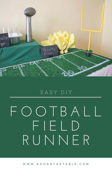 Make this football field table runner for your Super Bowl or football themed party. Your guests will love it! Simple step-by-step instructions make it easy to create. Football Turf Table Runner, Football Food Table Display, Football Party Table Centerpieces, Sports Party Table Decor, Football Table Runner, Football Table Centerpieces, Football Party Table Decorations, Football Tablescape, Football Field Tablecloth