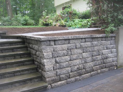 Highland Retaining wall with bluestone capped stairs Landscaping A Slope, Front Yard Garden, Backyard Fences, Stone Work, Patio Stones, Backyard Projects, Updating House, Retaining Wall, Front Yard Landscaping