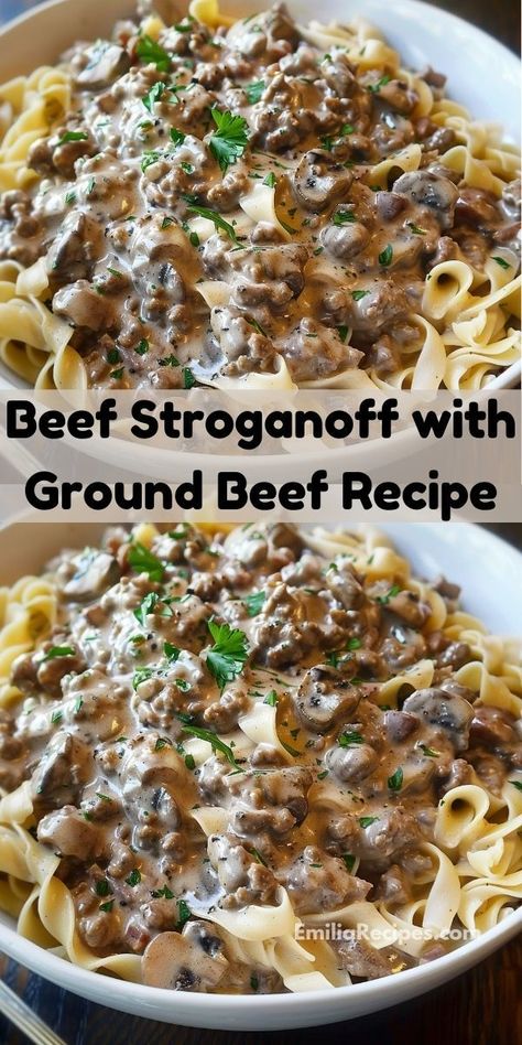 Need new dinner recipes? Our Beef Stroganoff with Ground Beef Recipe is a must-try. This easy ground beef recipe offers fantastic dinner ideas for two or family, featuring delicious stroganoff flavors. Beef Stroganoff With Ground Beef, Stroganoff With Ground Beef, Easy Beef And Noodles Recipe, Dish With Mushrooms, New Dinner Recipes, Beef And Noodles Crockpot, Easy Ground Beef Stroganoff, Quick Beef Recipes, Dinner Ideas For Two