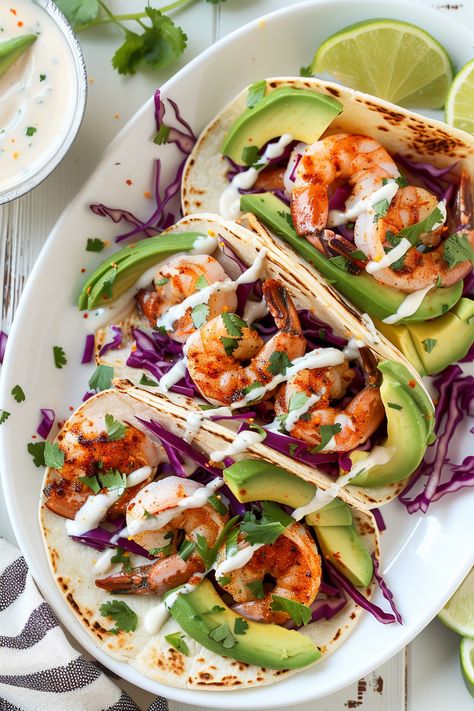 Mouthwatering Keto Shrimp Tacos Recipe with Spicy Lime Crema - Perfect for Dieters #ketodiet #ketorecipes #lowcarb Keto Shrimp Tacos, Paleo Shrimp Tacos, Spicy Crema, Healthy Shrimp Tacos, Spicy Shrimp Tacos, Shrimp Taco Recipes, Spicy Tacos, Keto Taco, Vegetarian Tacos