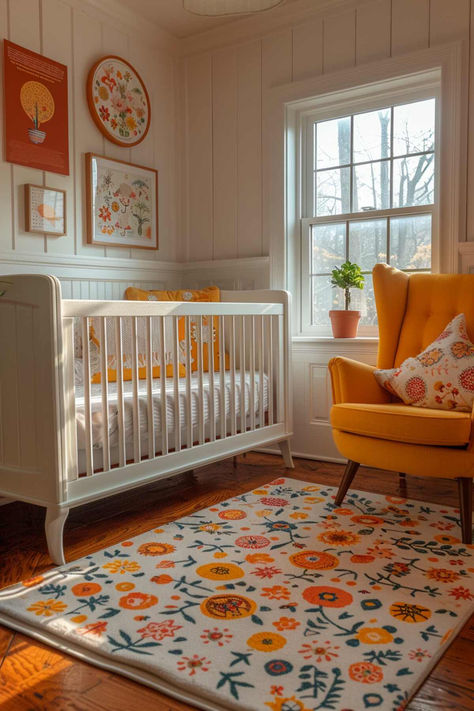 50 Adorable Baby Girl Nursery Inspirations for Proud Parents Parental Love Aesthetic, Neutral Colorful Nursery, Wallpaper Baby Nursery, Cool Girl Nursery, Retro Themed Nursery, Yellow Orange Nursery, Nursery Ideas Girl Colorful, Groovy Nursery Theme, Mid Century Baby Nursery