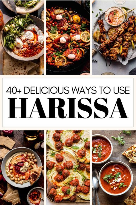 Spice up your meals with these 40+ Harissa Recipes! Harissa is a versatile North African chili paste that adds depth, flavor, and just the right amount of heat to a wide range of dishes. If you're a fan of spicy foods or looking to experiment with new flavors, you're going to love using harissa paste.  Discover how well it pairs with cozy soups, grilled meats, roasted vegetables and more! North African Vegetable Recipes, Harissa Recipes Dishes, Harissa Paste Uses, Rose Harissa Recipe, Harissa Uses, Harissa Powder Recipes, Harrisa Paste Recipes, Harissa Sauce Recipes, Recipes Using Harissa