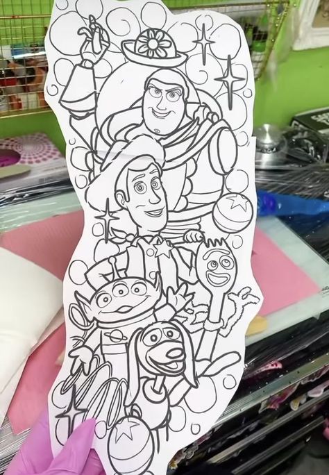 Pixar Tattoo Sleeve, Disney Forearm Tattoo, Disney Sketch Tattoo, Disney Sleeve Tattoo, Disney Character Tattoos, Disney Flashsheets Tattoo, Disney Tattoo Designs, Citrus Tattoo, Alice In Wonderland Tattoo Ideas