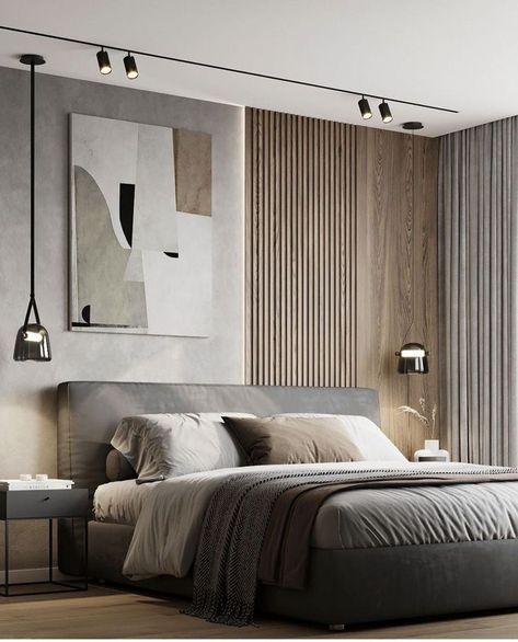 Modern Bedroom Paint Ideas, Wall Decor Design Bedroom, Grey Brown Bedroom, Grey And Beige Bedroom, Bedroom Decorative Wall, Bedroom Feature Wall, Minimal Bedroom Design, Creative Bedroom Decor, Bedroom Ideas Modern