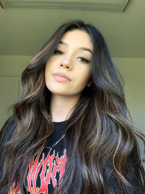 Black Hair With Balayage Straight, Hair Dye Ideas For Latinas, Mexican Hair Color, Face Framing Highlights Black Hair, Black Hair Balayage Latina, Candlelit Brunette, Jet Black Hair With Highlights, Balayage Colors, Medium Brunette Hair