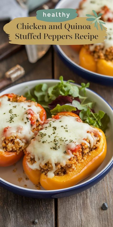 Looking for a healthy, filling meal? These Chicken and Quinoa Stuffed Peppers are stuffed with lean chicken, quinoa, and veggies, making them the perfect combination of protein and flavor. Chicken Quinoa Stuffed Peppers, High Protein Lean Meals, Chicken Quinoa Recipes, Healthy Stuffed Peppers, Chicken And Quinoa, Health Reset, Protein Dinners, Quinoa Stuffed Peppers, Macro Diet