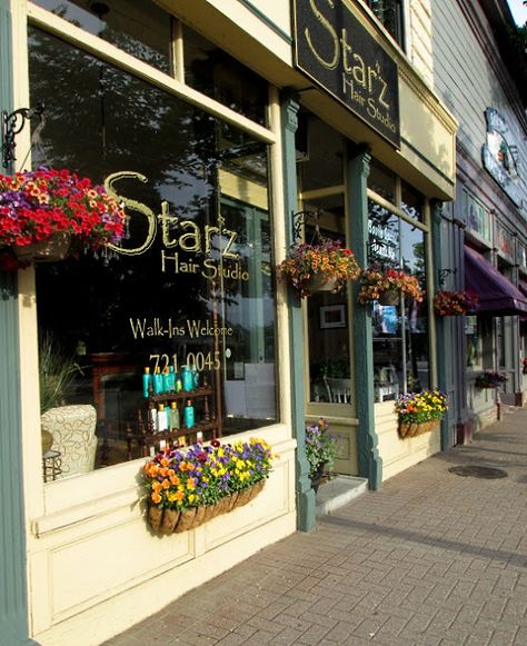 Hair Salon on Maine Street - Brunswick, Maine      ....brunswickmainedaily.blogspot.com Hair Salon Store Front Ideas, Small Town Hair Salon, Hair Salon Exterior Store Fronts, Salon Exterior Ideas Store Fronts, Hair Salon Exterior, Bloxburg City, Brunswick Maine, Hair Salon Design, Bed Hair