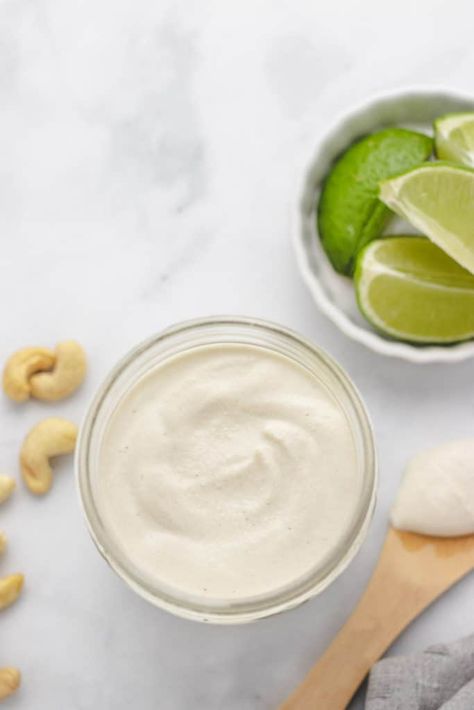 Dairy-free cashew lime crema, perfect for tacos or cooling off any spicy dish. Lime Crema Recipe, Dairy Free Tacos, Vegan Salad Dressing Recipes, Lime Crema, Vegan Summer Recipes, Lime Cream, Vegan Dip, Vegan Side Dishes, Lime Sauce