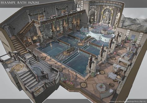 Bathhouse Art, Nautical Drawing, Feng Zhu Design, Interior Concept Art, Feng Zhu, The Last Ship, Fantasy Rooms, Rpg Map, Building Concept