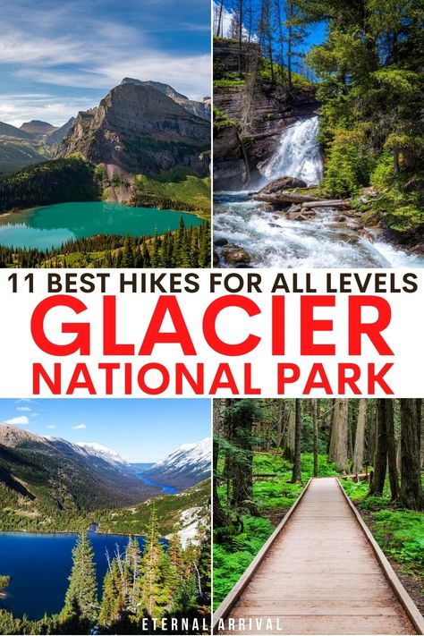 different hikes and viewpoints in glacier national park including glacial lakes, boardwalks and waterfalls. text reads '11 best hikes for all levels in glacier national park' Best Hikes In Glacier National Park, Hiking Glacier National Park, Banff Trip, Glacier National Park Vacation, Glacier National Park Hikes, Glacier National Park Trip, Montana Trip, Wooded Lot, Montana Travel