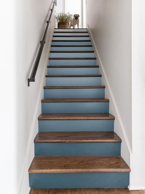 Blue Ombre Painted Staircase Painted Hardwood Stairs, Navy Blue Stairs Paint, Blue Stair Railing, Blue Stairs Painted, Navy Blue Stairs, Blue Paint Shades, Painted Staircase, House Upstairs, Painted Staircases