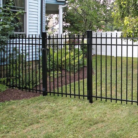 Freedom Standard New Haven 5-ft H x 6-ft W Black Aluminum Flat-Top Yard in the Metal Fence Panels department at Lowes.com Fence With Arched Gate, Black Metal Fence, Decorative Fence Panels, Metal Fence Panels, Aluminum Fencing, Gate Decoration, Black Fence, Aluminium Gates, Gate Post