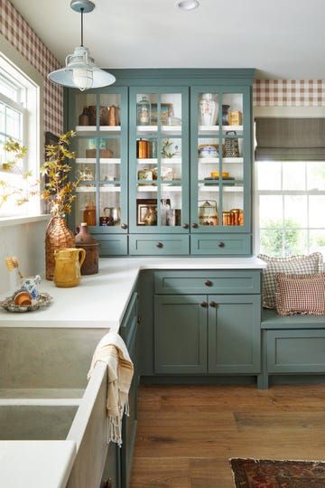 trinity holmes kitchen Timeless Decorating Ideas, Gingham Kitchen, Timeless Decorating, Best Blue Paint Colors, Blue Gray Paint, Kitchen Wall Colors, Interior Minimalista, Cottage Kitchens, Green Paint Colors